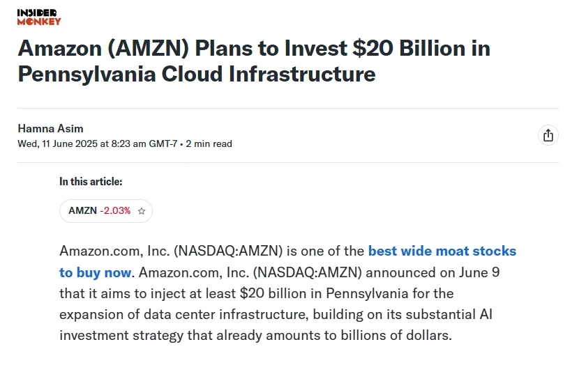 Amazon (AMZN) Plans to Invest $20 Billion in Pennsylvania Cloud Infrastructure