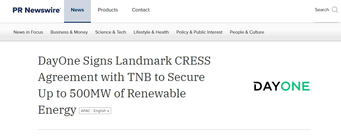 DayOne Signs Landmark CRESS Agreement with TNB to Secure Up to 500MW of Renewable Energy