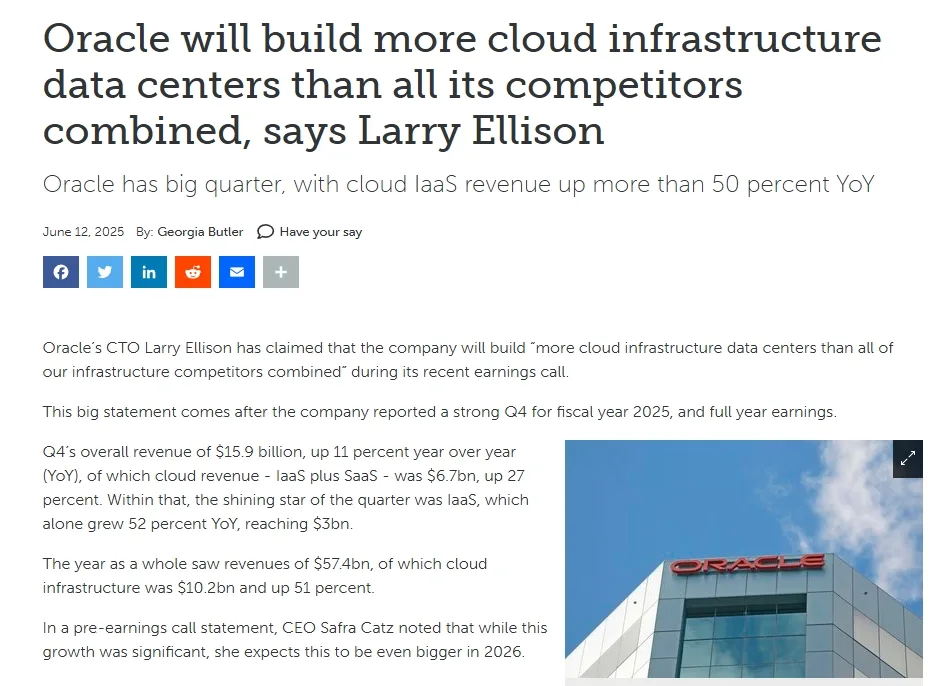 Oracle will build more cloud infrastructure data centers than all its competitors combined, says Larry Ellison