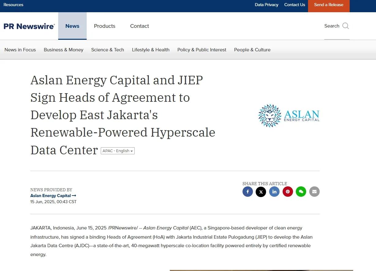 Aslan Energy Capital and JIEP Sign Heads of Agreement to Develop East Jakarta's Renewable-Powered Hyperscale Data Center