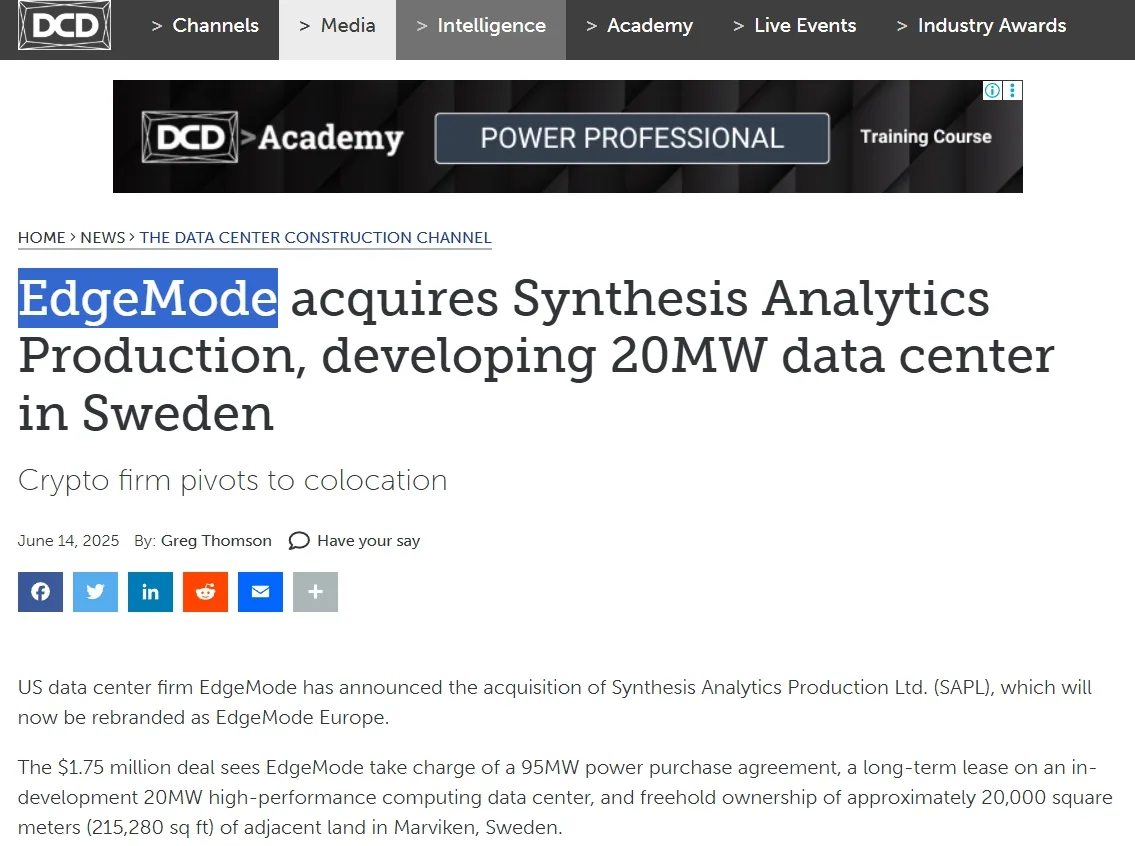 EdgeMode acquires Synthesis Analytics Production, developing 20MW data center in Sweden