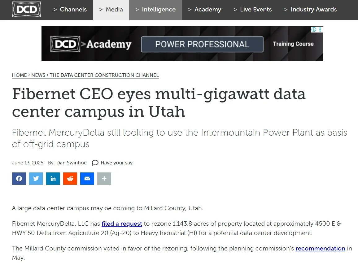 Fibernet CEO eyes multi-gigawatt data center campus in Utah