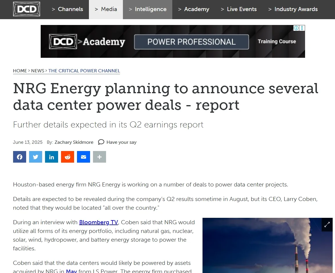 NRG Energy planning to announce several data center power deals - report
