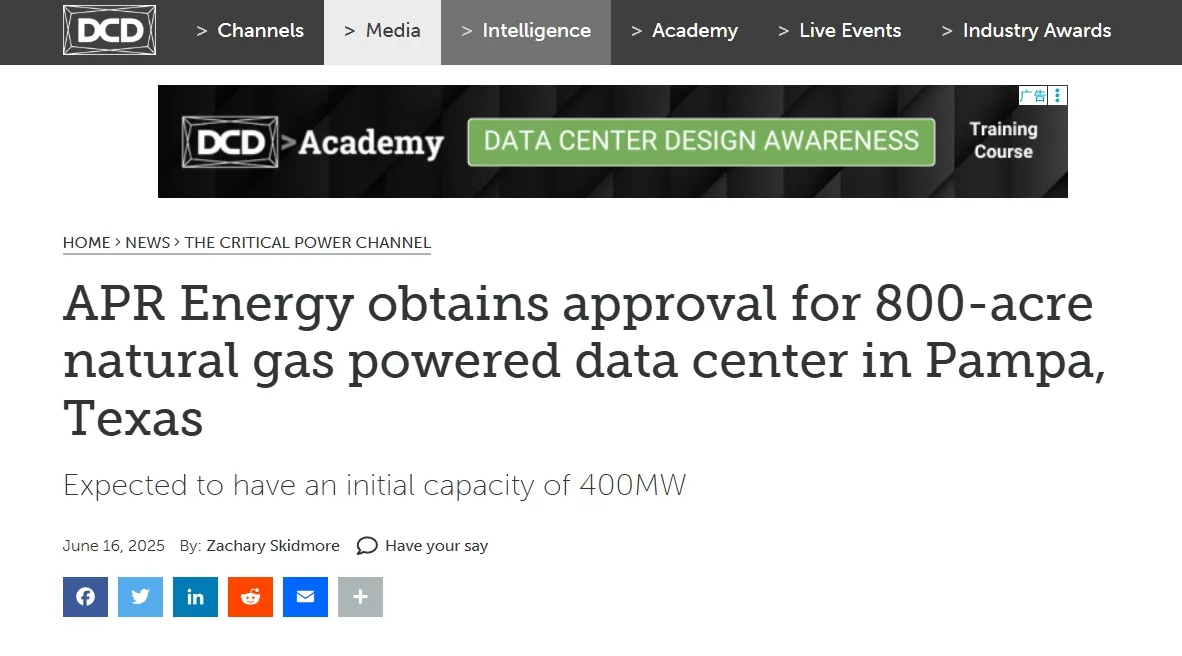 APR Energy obtains approval for 800-acre natural gas powered data center in Pampa, Texas