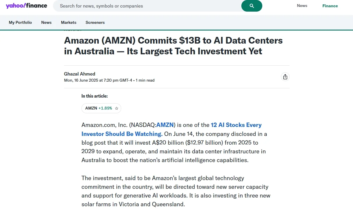 Amazon (AMZN) Commits $13B to AI Data Centers in Australia — Its Largest Tech Investment Yet