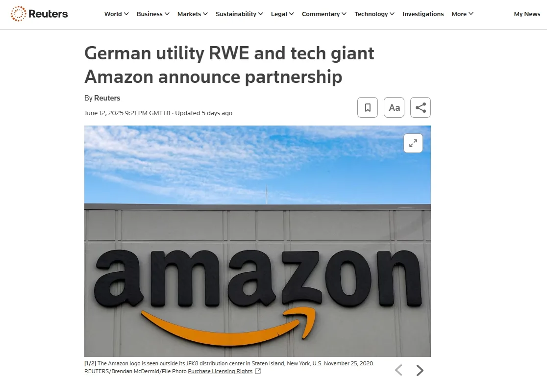 German utility RWE and tech giant Amazon announce partnership