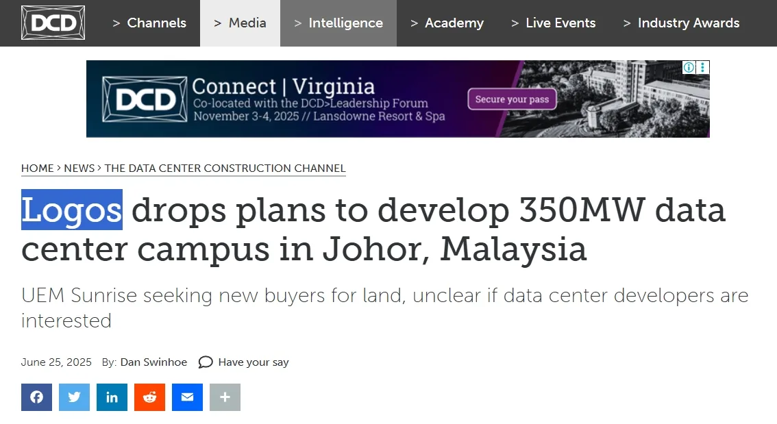 Logos drops plans to develop 350MW data center campus in Johor, Malaysia