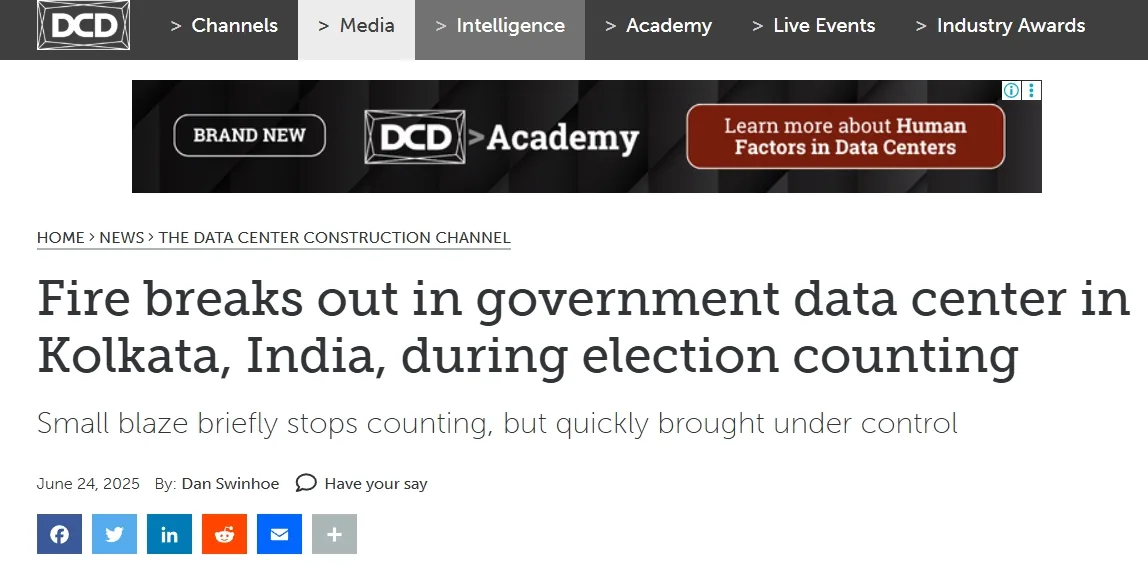 Fire breaks out in government data center in Kolkata, India, during election counting