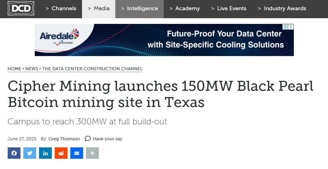 Cipher Mining launches 150MW Black Pearl Bitcoin mining site in Texas
