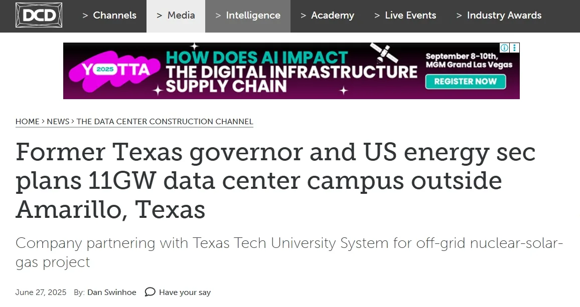 Former Texas governor and US energy sec plans 11GW data center campus outside Amarillo, Texas