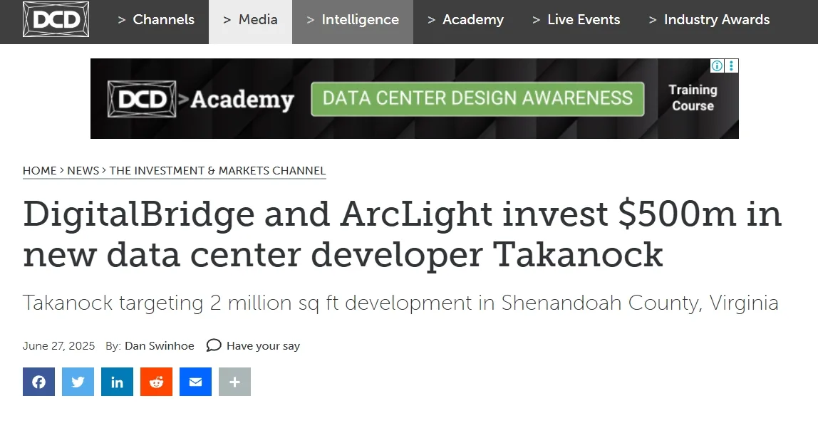 DigitalBridge and ArcLight invest $500m in new data center developer Takanock