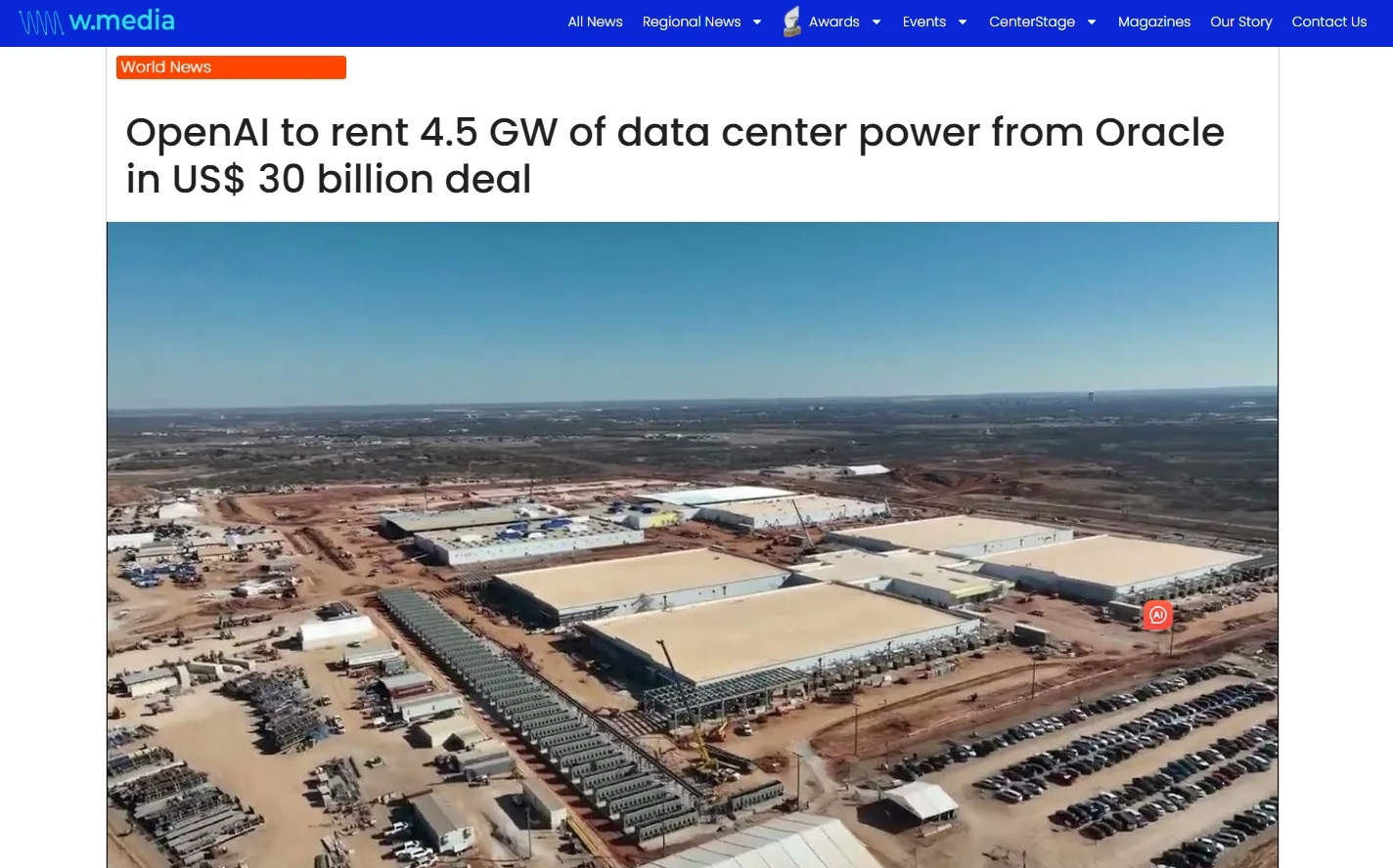 OpenAI to rent 4.5 GW of data center power from Oracle in US$ 30 billion deal