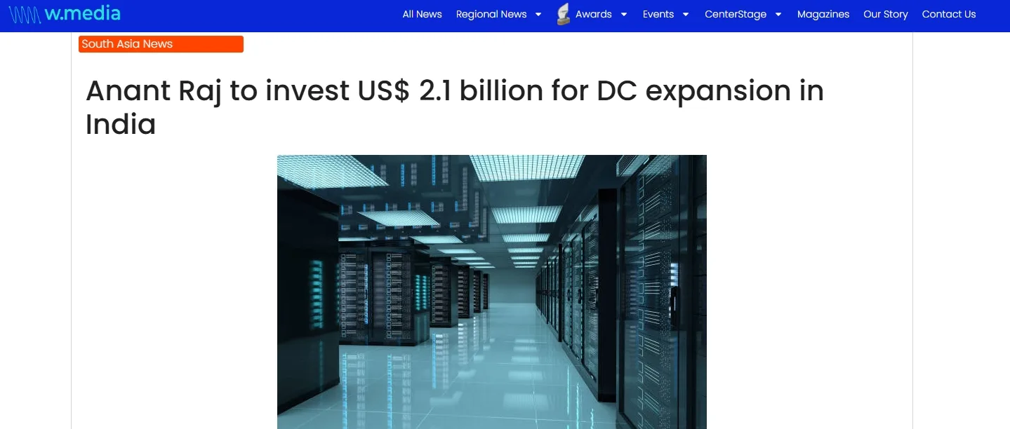 Anant Raj to invest US$ 2.1 billion for DC expansion in India