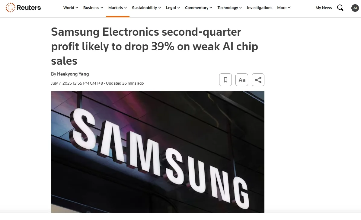 Samsung Electronics second-quarter profit likely to drop 39% on weak AI chip sales