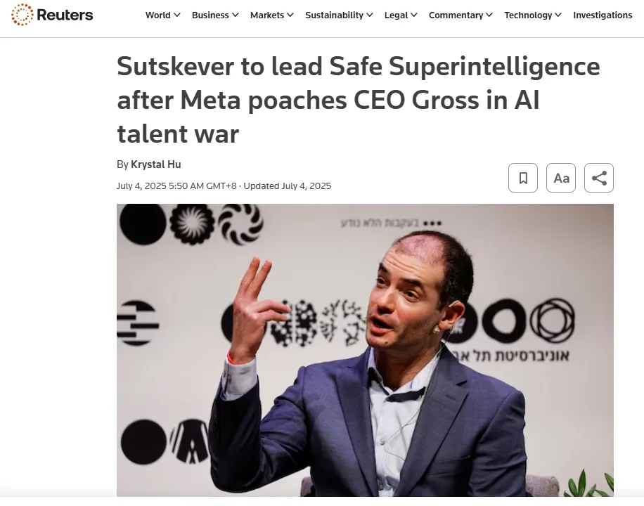 Sutskever to lead Safe Superintelligence after Meta poaches CEO Gross in AI talent war