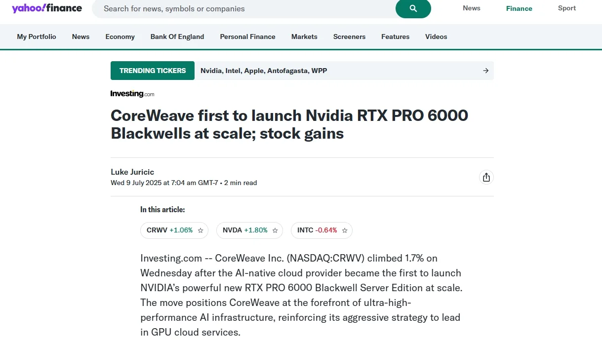 CoreWeave first to launch Nvidia RTX PRO 6000 Blackwells at scale; stock gains