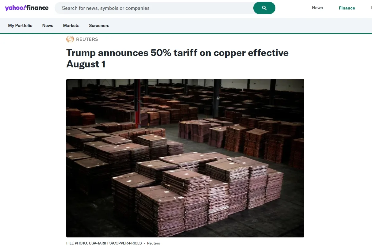 Trump announces 50% tariff on copper effective August 1
