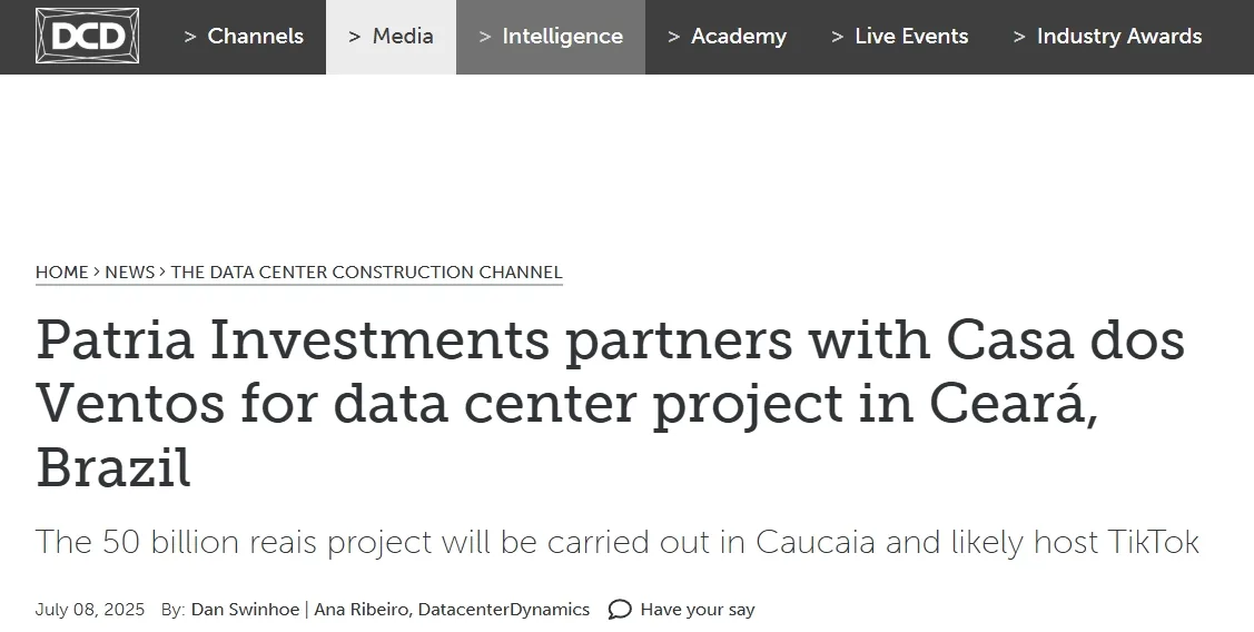 Patria Investments partners with Casa dos Ventos for data center project in Ceará, Brazil