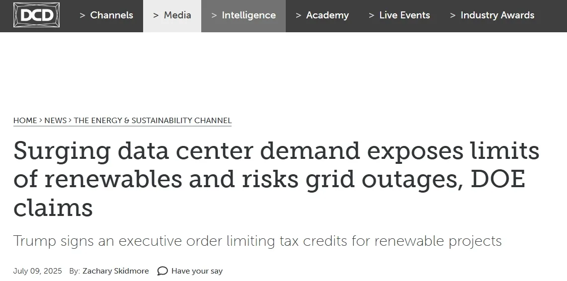 Surging data center demand exposes limits of renewables and risks grid outages, DOE claims