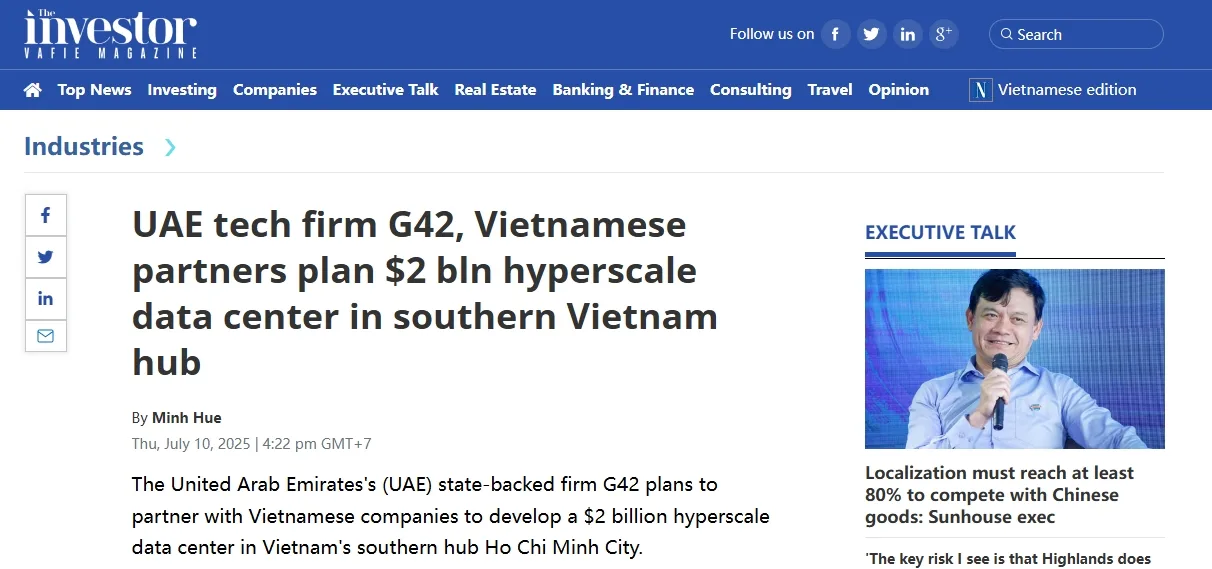 UAE tech firm G42, Vietnamese partners plan $2 bln hyperscale data center in southern Vietnam hub