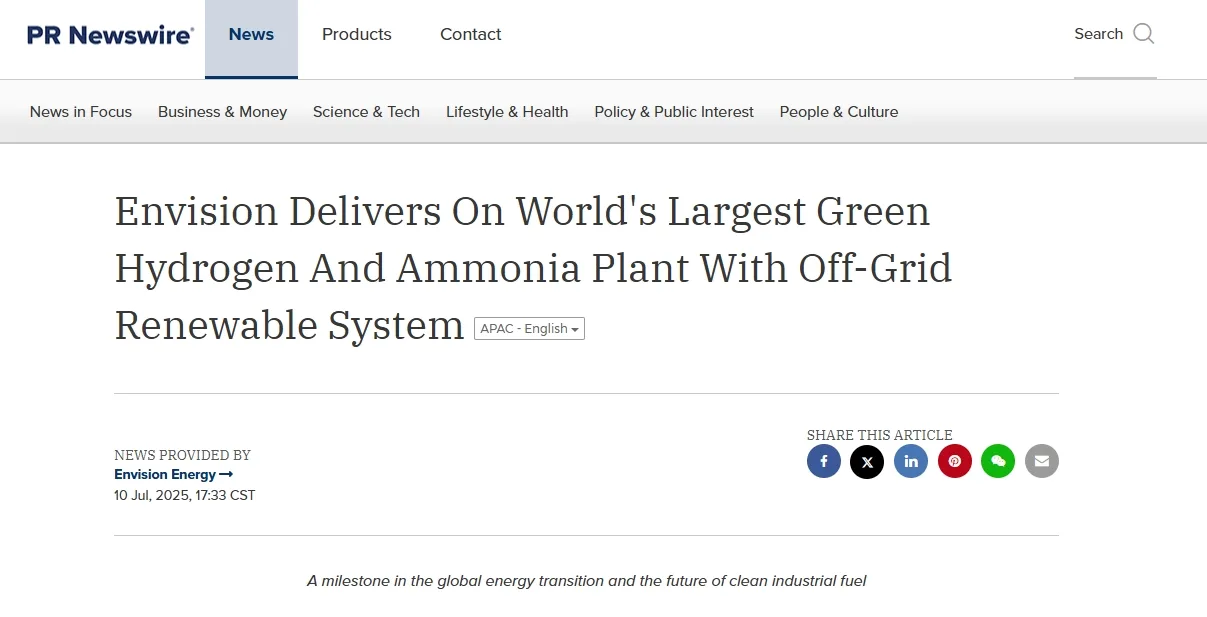 Envision Delivers On World's Largest Green Hydrogen And Ammonia Plant With Off-Grid Renewable System