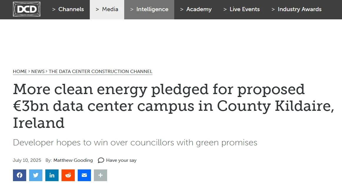 More clean energy pledged for proposed €3bn data center campus in County Kildaire, Ireland