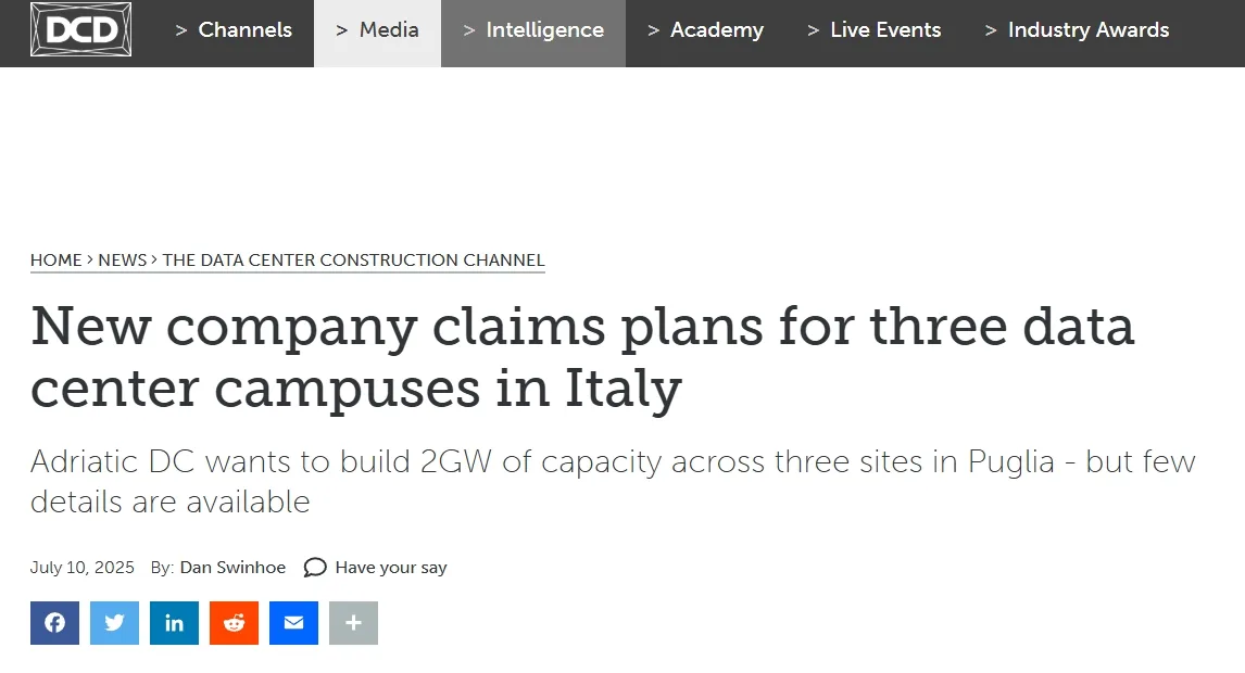 New company claims plans for three data center campuses in Italy