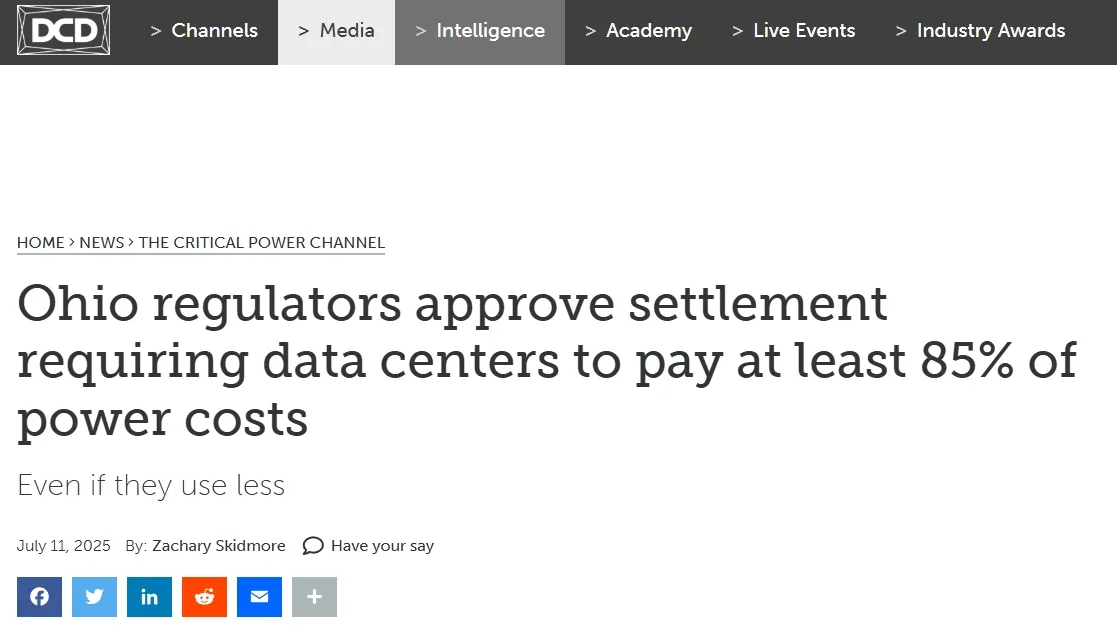Ohio regulators approve settlement requiring data centers to pay at least 85% of power costs