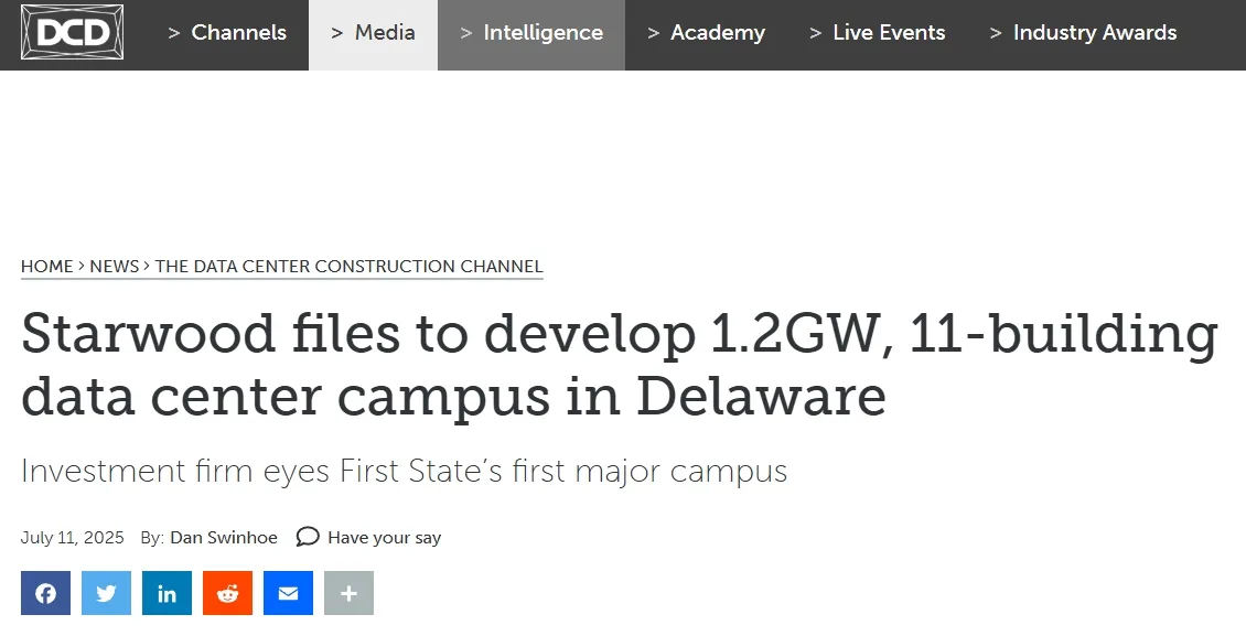 Starwood files to develop 1.2GW, 11-building data center campus in Delaware
