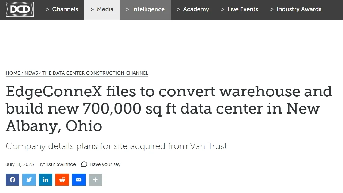 EdgeConneX files to convert warehouse and build new 700,000 sq ft data center in New Albany, Ohio