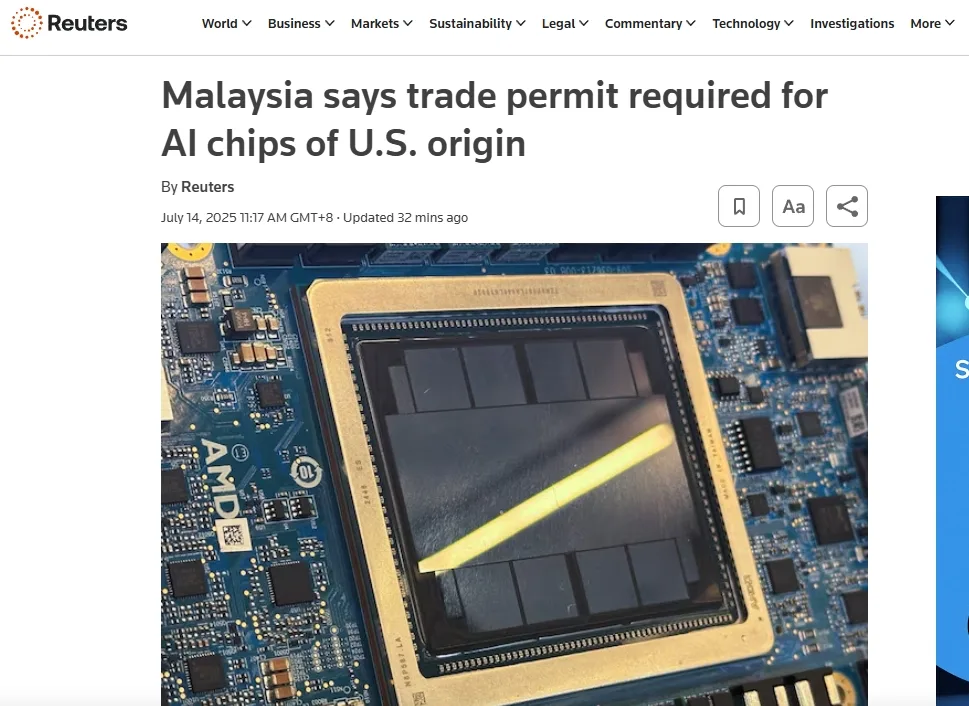 Malaysia says trade permit required for AI chips of U.S. origin
