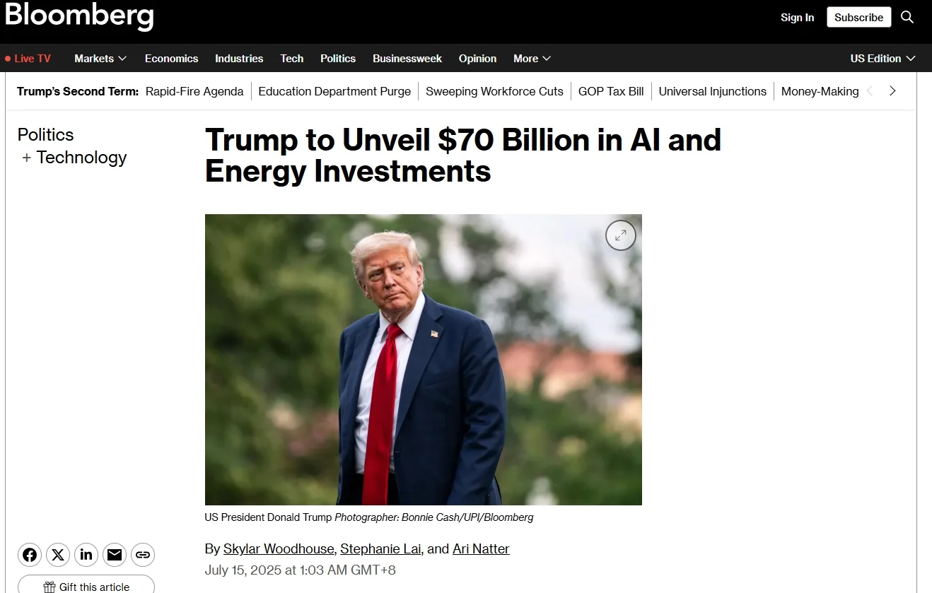 Trump to Unveil $70 Billion in AI and Energy Investments