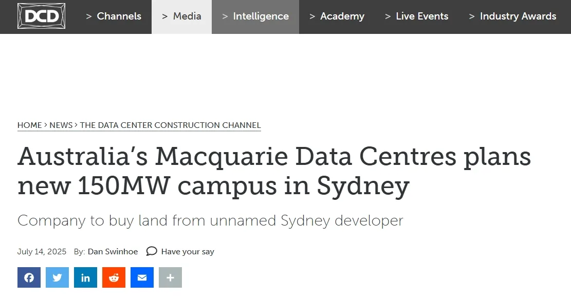 Australia’s Macquarie Data Centres plans new 150MW campus in Sydney