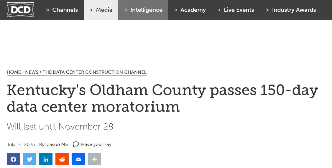 Kentucky's Oldham County passes 150-day data center moratorium