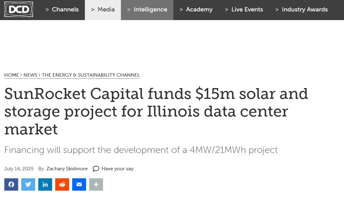 SunRocket Capital funds $15m solar and storage project for Illinois data center market