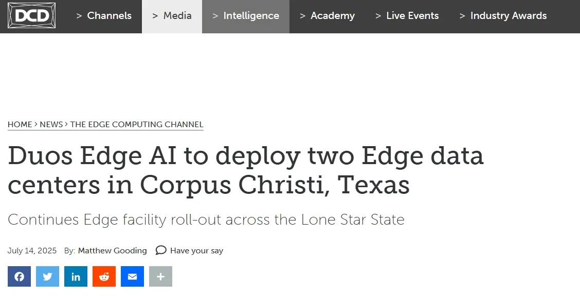Duos Edge AI to deploy two Edge data centers in Corpus Christi, Texas