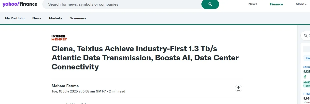 Ciena, Telxius Achieve Industry-First 1.3 Tb/s Atlantic Data Transmission, Boosts AI, Data Center Connectivity