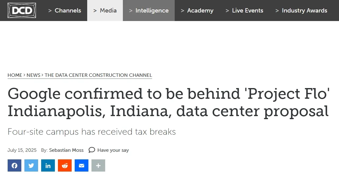 Google confirmed to be behind 'Project Flo' Indianapolis, Indiana, data center proposal