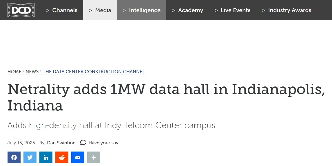 Netrality adds 1MW data hall in Indianapolis, Indiana