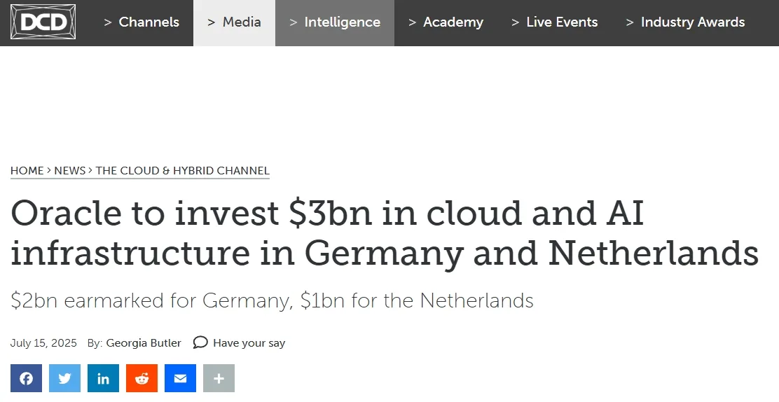 Oracle to invest $3bn in cloud and AI infrastructure in Germany and Netherlands