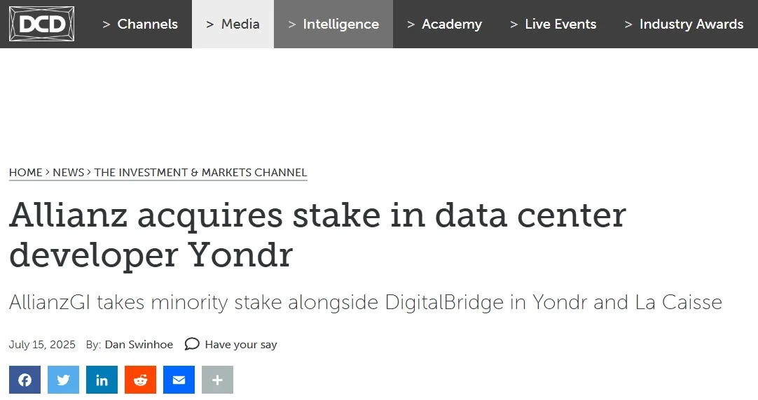 Allianz acquires stake in data center developer Yondr