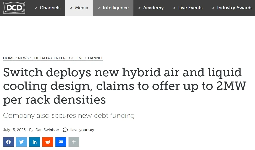 Switch deploys new hybrid air and liquid cooling design, claims to offer up to 2MW per rack densities