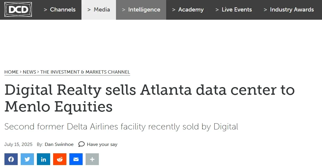 Digital Realty sells Atlanta data center to Menlo Equities