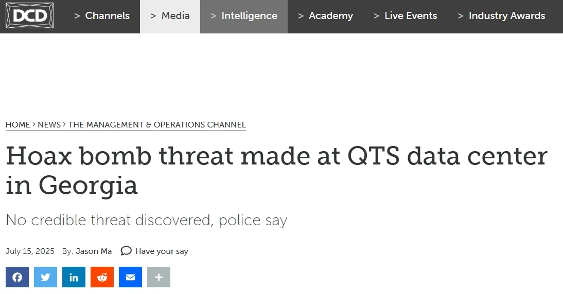 Hoax bomb threat made at QTS data center in Georgia