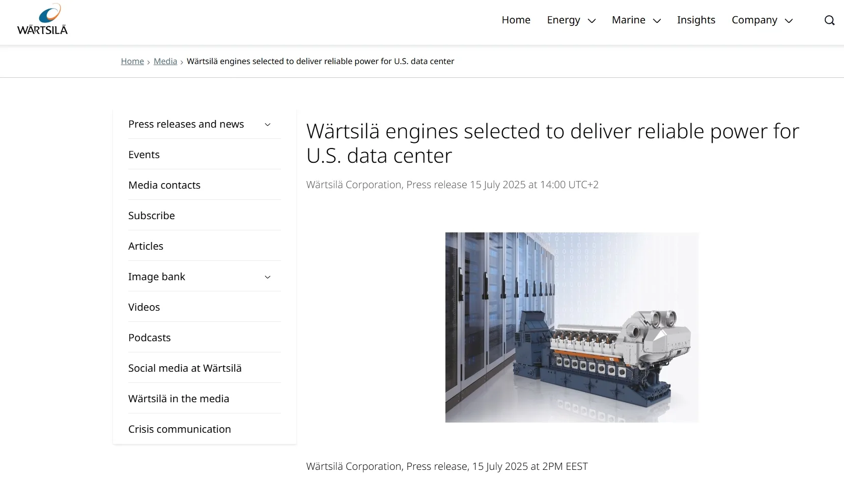 Wärtsilä engines selected to deliver reliable power for U.S. data center