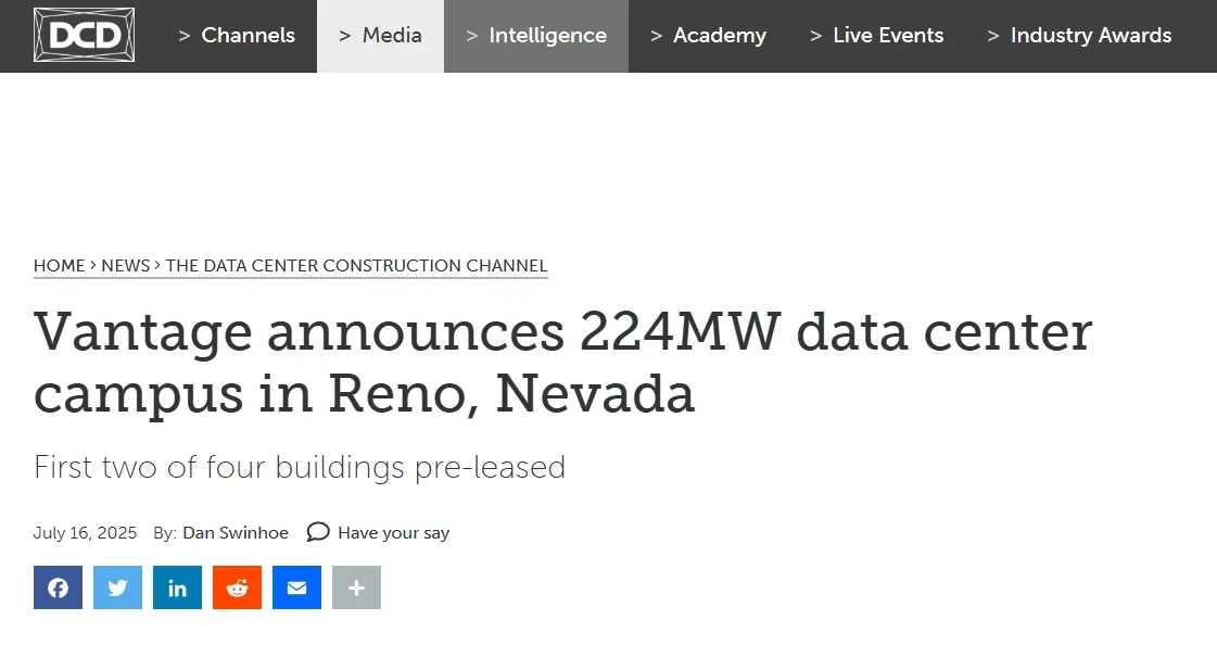 Vantage announces 224MW data center campus in Reno, Nevada