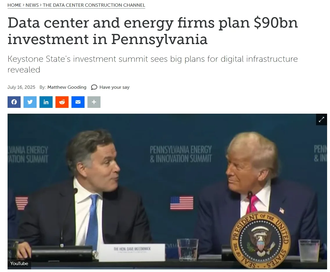 Data center and energy firms plan $90bn investment in Pennsylvania