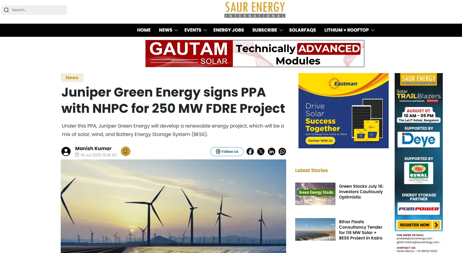 Juniper Green Energy signs PPA with NHPC for 250 MW FDRE Project