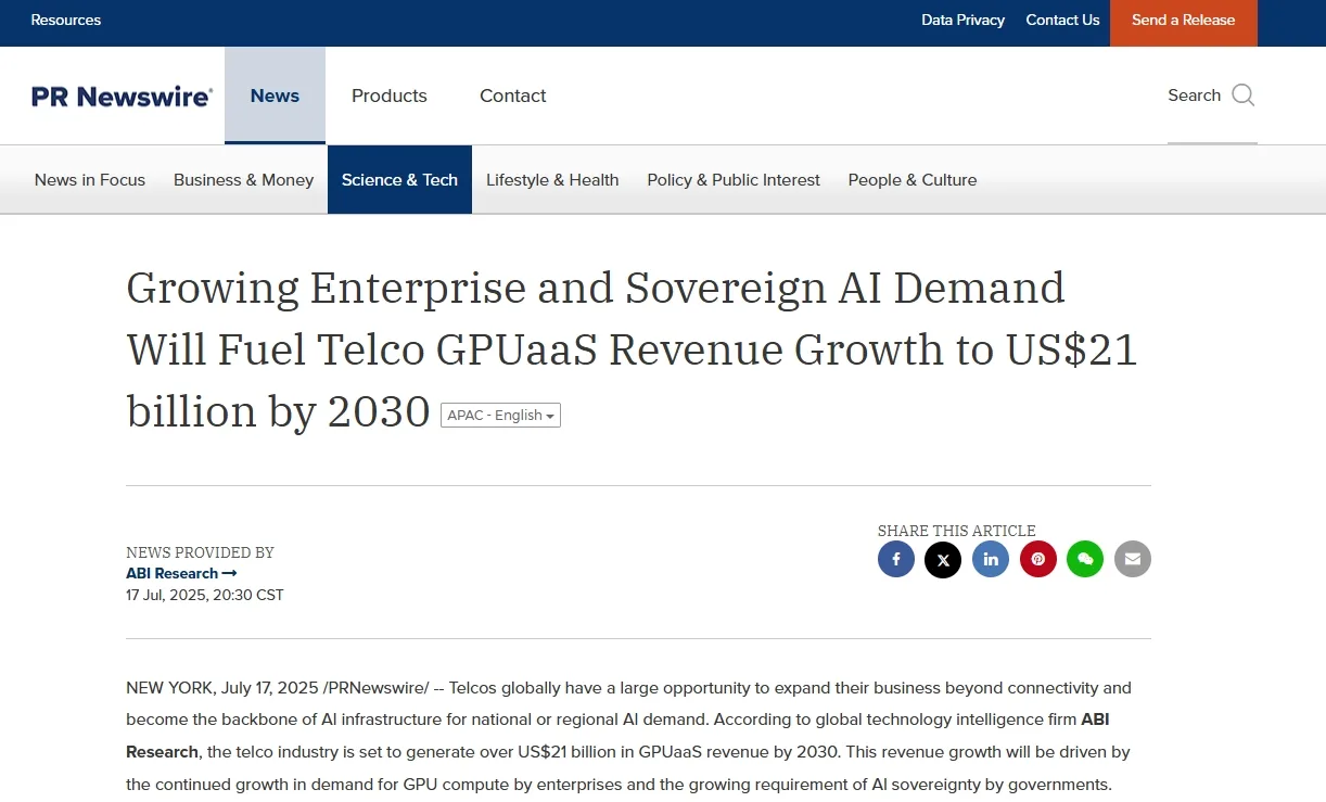 Growing Enterprise and Sovereign AI Demand Will Fuel Telco GPUaaS Revenue Growth to US$21 billion by 2030