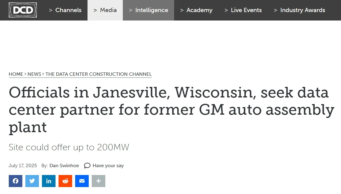 Officials in Janesville, Wisconsin, seek data center partner for former GM auto assembly plant